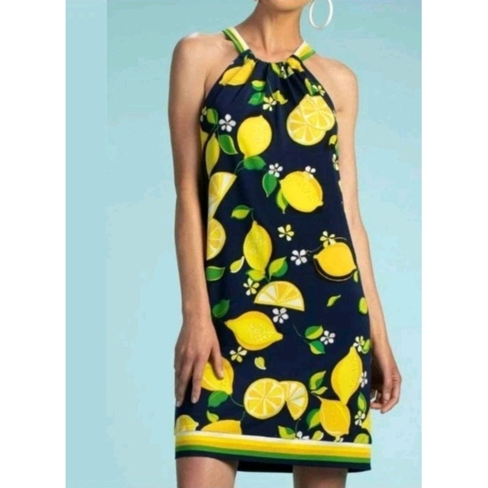 NEW! Trina Turk XS Laki Lemon Print Navy Halter Dress